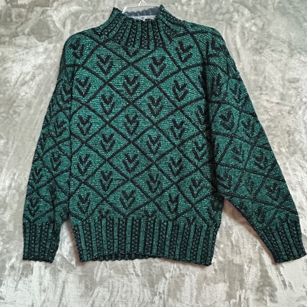 Vtg Private Eyes Green Black Metallic Lurex Geometric Mock Neck Sweater USA XL